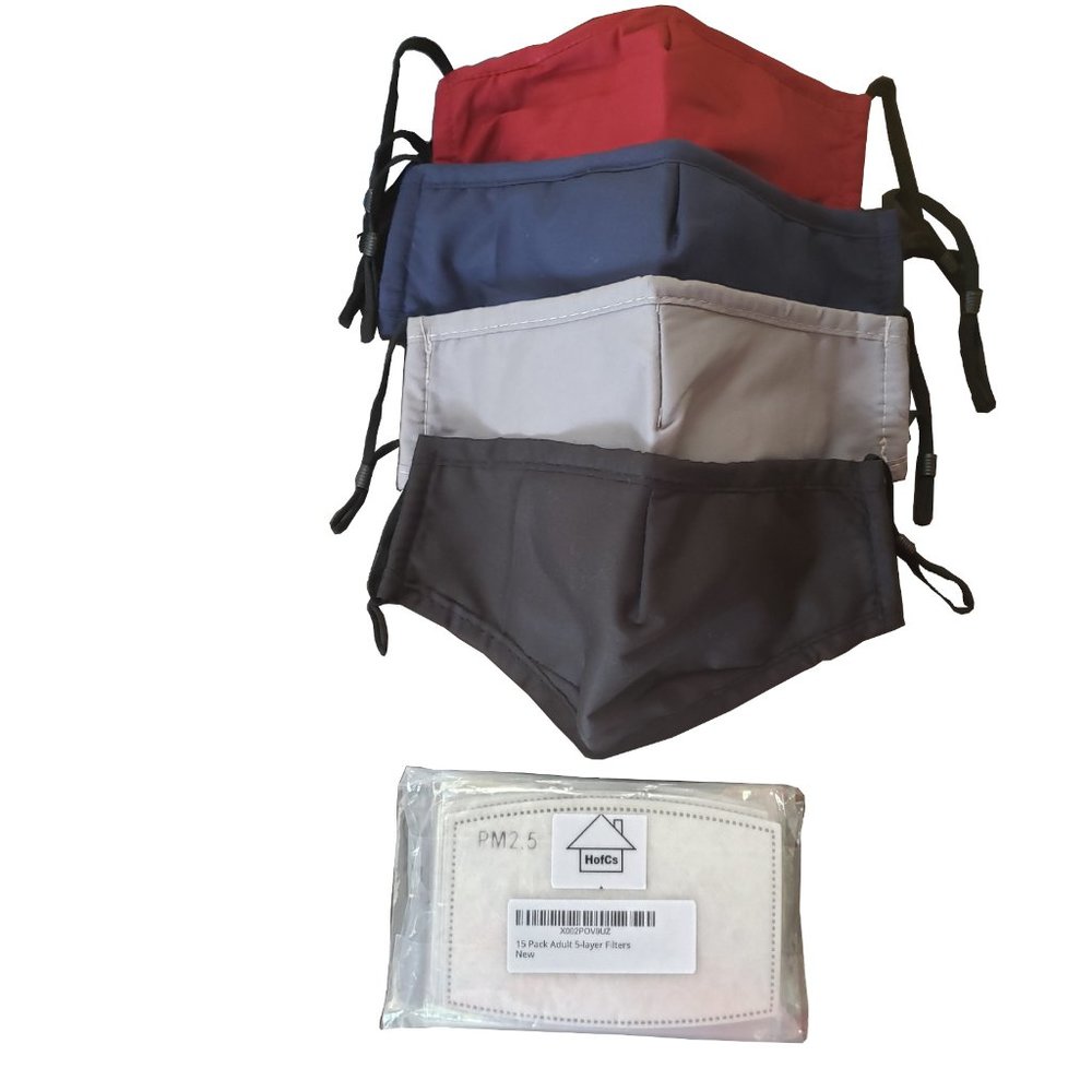 4 Pack Adult Face Masks Black Blue Grey Red Mix 15pc Filters